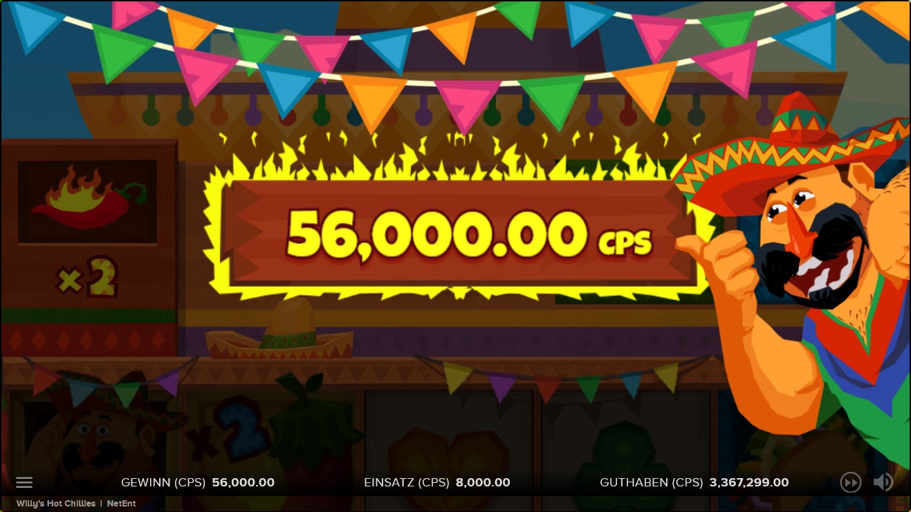 Screenshot mit hohem Gewinn der Slot Willy Hot Chillies